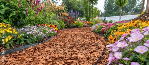 Fototapeta Naklejka Na Ścianę i Meble -  Gorgeous garden full of flowers mulched with bark chips, perfect for a copy space image.