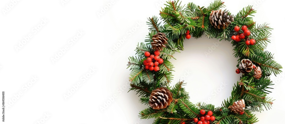 Top view of a Christmas wreath against a white backdrop, ideal for winter holidays concept with copy space image. Top view of a Christmas wreath against a white backdrop, ideal for winter holidays concept with copy space image.