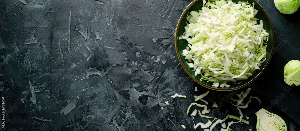 Obraz premium Fresh chopped cabbage on a black background, white cabbage on a green plate, with a spacious image area, viewed from above; minimalist setup including dark boards, focusing on vegetarian food