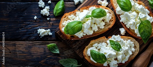 Flat lay photo of bread topped with cottage cheese and basil on a dark wooden surface, providing ample copy space image.