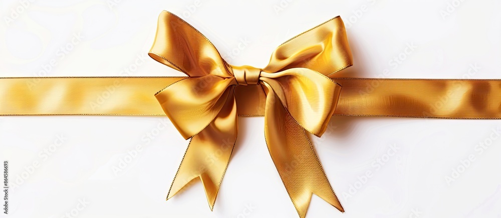 Christmas-themed golden silk ribbon bows with horizontal ribbons on a white background, suitable for inclusion in a design with copy space image. Christmas-themed golden silk ribbon bows with horizontal ribbons on a white background, suitable for inclusion in a design with copy space image.