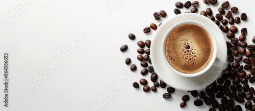 A coffee cup and coffee beans placed on a white backdrop with copy space image.