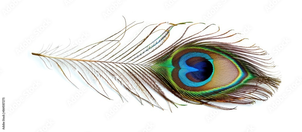 Obraz premium Peacock feather with vibrant colors displayed on a white background, providing copy space image.