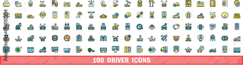 100 driver icons set. Color line set of driver vector icons thin line color flat on white
