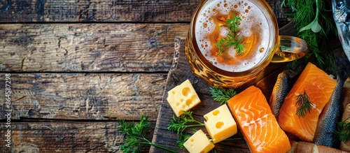 Top-down view displaying a mug of light barley beer accompanied by cheese cubes and smoked fish on a wooden surface, offering a copy space image. photo