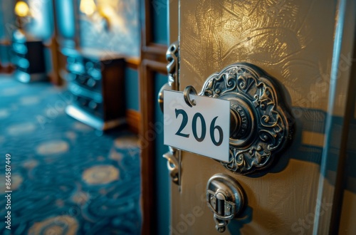 Room Number 206 Door With Brass Knob and Tag in Hotel