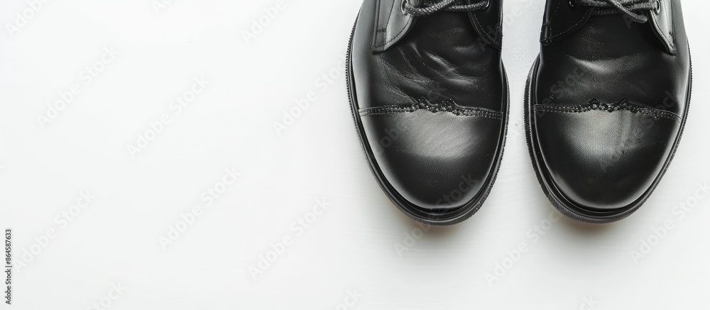 Top view of black shoes on white background with a travel, discovery, tour, fashion, and business theme in a copy space image. Top view of black shoes on white background with a travel, discovery, tour, fashion, and business theme in a copy space image.