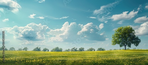 A billboard with nature scenery including green flowers, trees, a blue sky, and white clouds in the background, ideal for a copy space image.