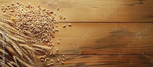 Barley displayed on a wooden surface, creating a Bakery poster concept with a blank copy space image, captured from a top-down perspective.