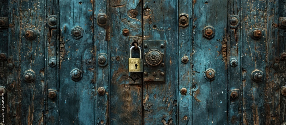 Ancient door adorned with an old padlock in the center, emphasizing its antiquity with a rustic charm, creating a mesmerizing sight for a copy space image. Ancient door adorned with an old padlock in the center, emphasizing its antiquity with a rustic charm, creating a mesmerizing sight for a copy space image.