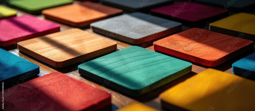 Colorful coasters arranged on a table under sunlight, including red, pink, orange, green, blue, and gray mats, creating an appealing copy space image. Colorful coasters arranged on a table under sunlight, including red, pink, orange, green, blue, and gray mats, creating an appealing copy space image.