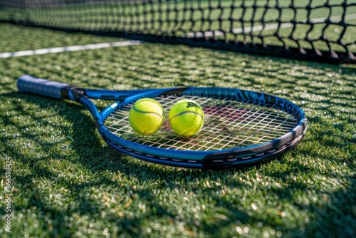 Tennis Racket and Balls on Grass Court at Sunset