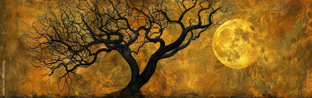 Stylized Golden Tree Against a Textured Moon Stylized Golden Tree Against a Textured Moon
