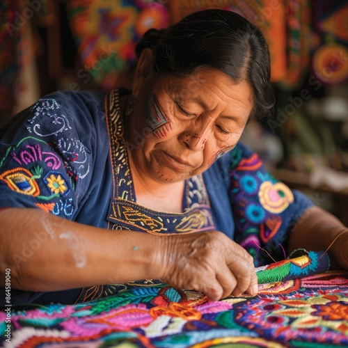 A Mexican embroiderer brings vibrant Otomi patterns to life, capturing cultural heritage in each stitch. photo