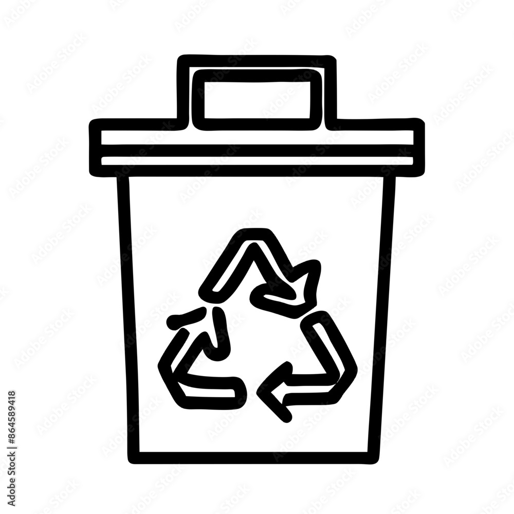 Minimalist black and white recycling bin icon, waste management representation