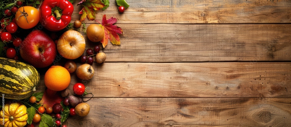 Rustic wooden table background with autumn fruits and vegetables, providing ample copy space image. Rustic wooden table background with autumn fruits and vegetables, providing ample copy space image.