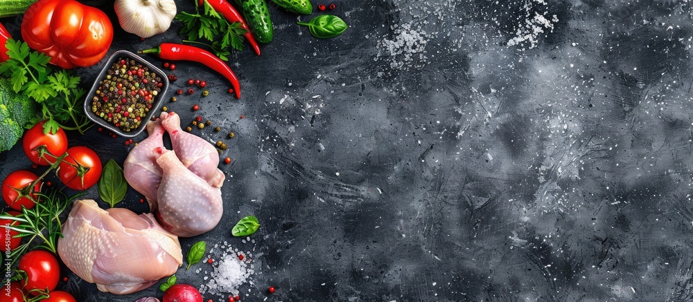 Stone background with copy space image featuring a keto diet theme with raw chicken, vegetables, and herbs. Stone background with copy space image featuring a keto diet theme with raw chicken, vegetables, and herbs.