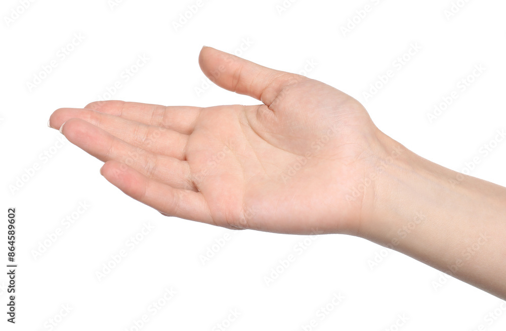 Woman showing hand on white background, closeup Woman showing hand on white background, closeup