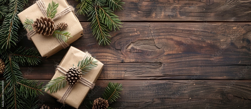 Christmas-themed background featuring two gift boxes adorned with pine branches and cones on a wooden backdrop. Captured from above, showcasing ample copy space for text or designs. Christmas-themed background featuring two gift boxes adorned with pine branches and cones on a wooden backdrop. Captured from above, showcasing ample copy space for text or designs.