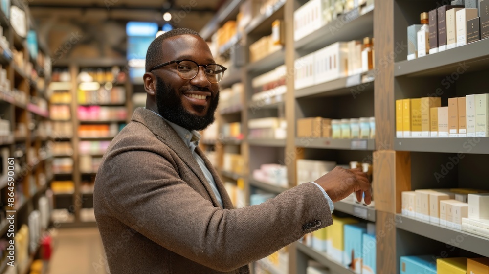 African-American man in a modern store selecting packaged goods from a shelf. a Black fragrance expert curating a personalized selection of scents for a customer African-American man in a modern store selecting packaged goods from a shelf. a Black fragrance expert curating a personalized selection of scents for a customer
