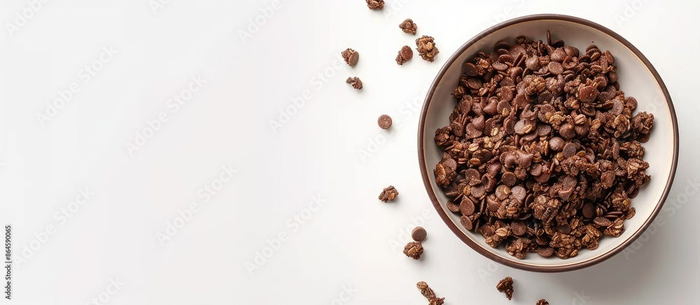 Chocolate granola and nut-filled cereal in a bowl, isolated on a white background with copy space image. Chocolate granola and nut-filled cereal in a bowl, isolated on a white background with copy space image.