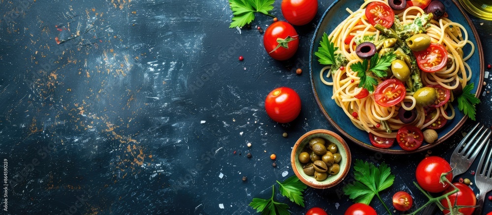 Italian pasta dish called Spaghetti alla puttanesca, featuring tomatoes, olives, capers, anchovies, and parsley, perfect for an Italian food copy space image. Italian pasta dish called Spaghetti alla puttanesca, featuring tomatoes, olives, capers, anchovies, and parsley, perfect for an Italian food copy space image.