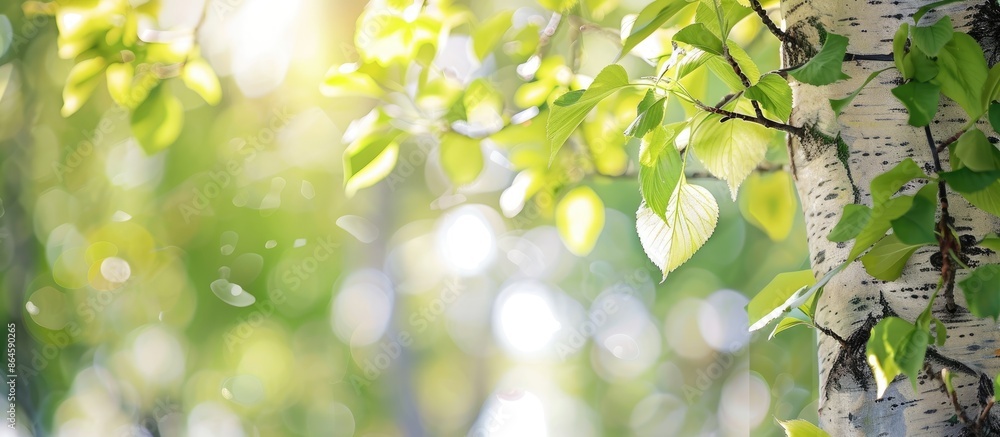 Spring scene in the park featuring a birch tree trunk, branches, and leaves creating a peaceful natural background for your copy space image. Spring scene in the park featuring a birch tree trunk, branches, and leaves creating a peaceful natural background for your copy space image.