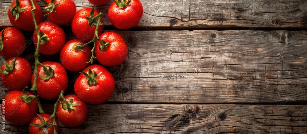 Top-down view of fresh, ripe tomatoes arranged on a rustic wooden surface, with ample space around for adding text or other elements in an image. Top-down view of fresh, ripe tomatoes arranged on a rustic wooden surface, with ample space around for adding text or other elements in an image.