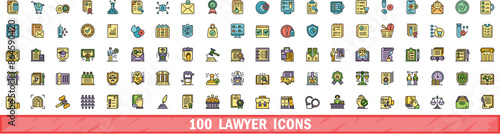 100 lawyer icons set. Color line set of lawyer vector icons thin line color flat on white