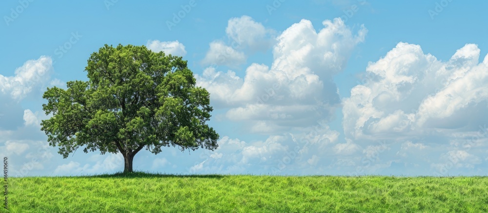 A single large oak tree set against a backdrop of blue sky and lush green grass on a sunny day, creating a serene landscape with ample copy space image for a banner. A single large oak tree set against a backdrop of blue sky and lush green grass on a sunny day, creating a serene landscape with ample copy space image for a banner.
