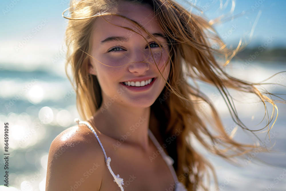 Smiling Woman with Windblown Hair at the Beach Smiling Woman with Windblown Hair at the Beach