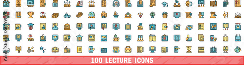 100 lecture icons set. Color line set of lecture vector icons thin line color flat on white