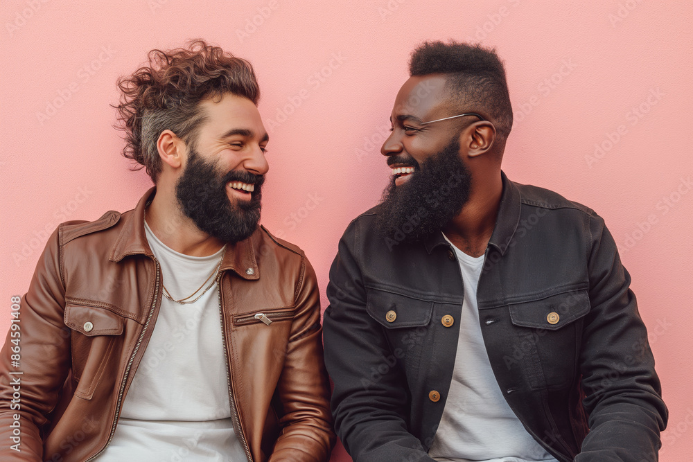 Obraz premium Smiling gay couple against pink background. A heartwarming image of two men enjoying each other's company, conveying friendship, acceptance, and happiness. For LGBTQ+ awareness and lifestyle content.