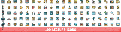 100 lecture icons set. Color line set of lecture vector icons thin line color flat on white