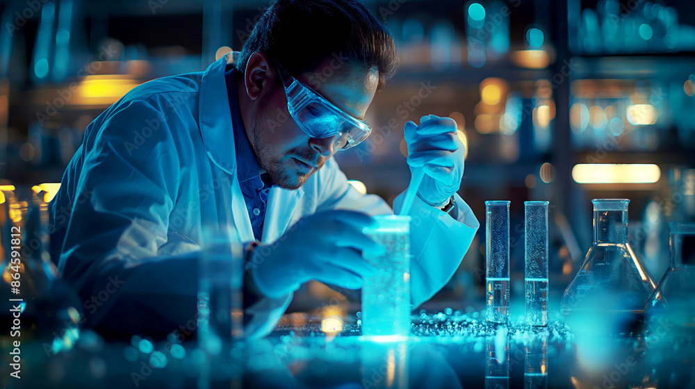 Scientist conducting experiment in laboratory. Focused researcher in a lab jacket and safety goggles working with test tubes, representing scientific research and innovation. Ideal for educational Scientist conducting experiment in laboratory. Focused researcher in a lab jacket and safety goggles working with test tubes, representing scientific research and innovation. Ideal for educational