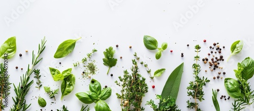 Top view of fresh greens, herbs, and spices on a white backdrop with ample space for text or other elements in the image, ideal for a menu or design project. photo