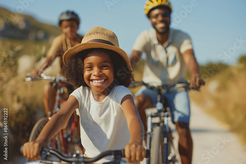 Family biking adventure. A joyful scene of a family enjoying a bike ride outdoors on a sunny day. Perfect for promoting family bonding, outdoor activities, and healthy lifestyle.