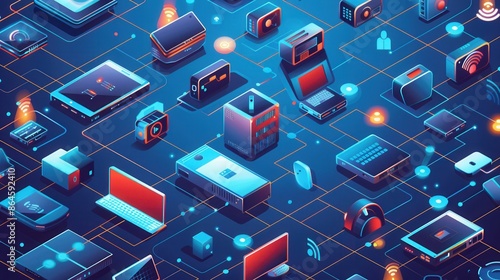 Wallpaper Mural Illustration of interconnected electronic devices (routers, laptops, smart home gadgets) with data flowing through abstract lines. Generative AI Torontodigital.ca