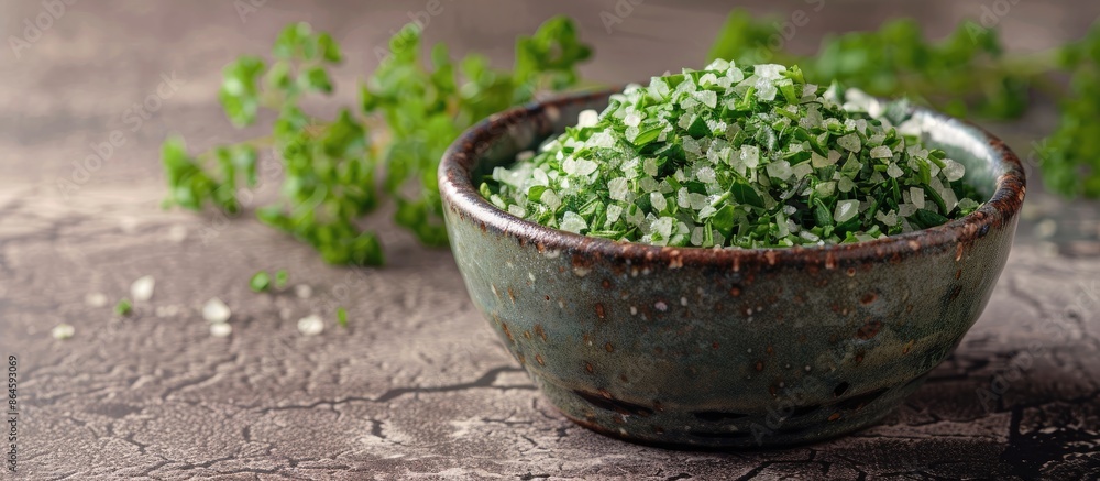 Aromatic herb-infused green salt in a ceramic bowl on a wooden surface against a light backdrop, perfect for seasoning. Copy space image. Aromatic herb-infused green salt in a ceramic bowl on a wooden surface against a light backdrop, perfect for seasoning. Copy space image.