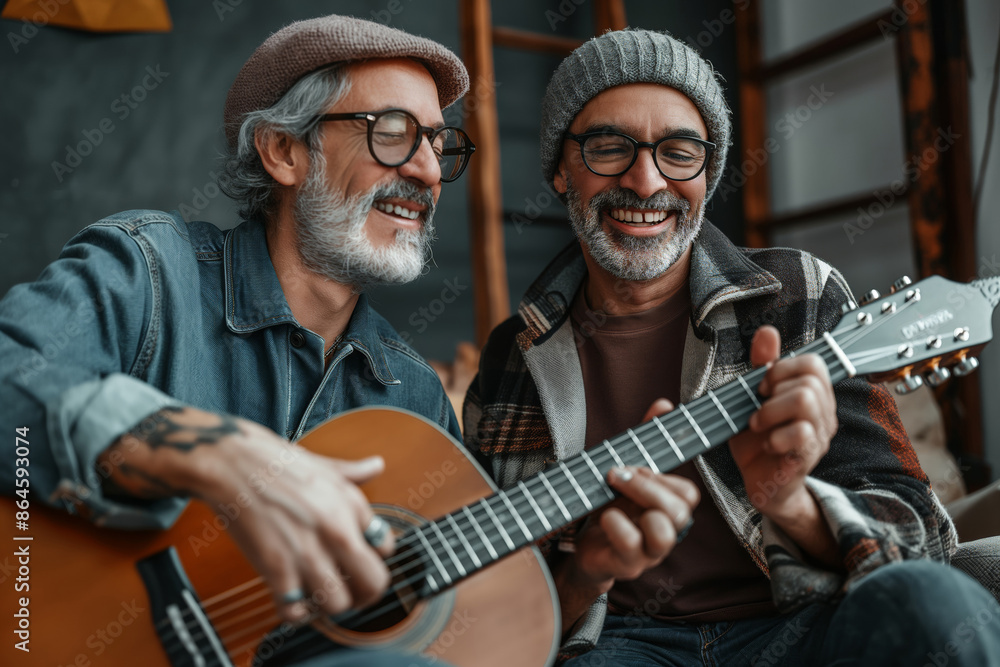 Obraz premium Happy older gay couple playing guitar. A joyful image of two men enjoying music together, representing love, connection, and shared hobbies. Perfect for lifestyle, relationship, and retirement content