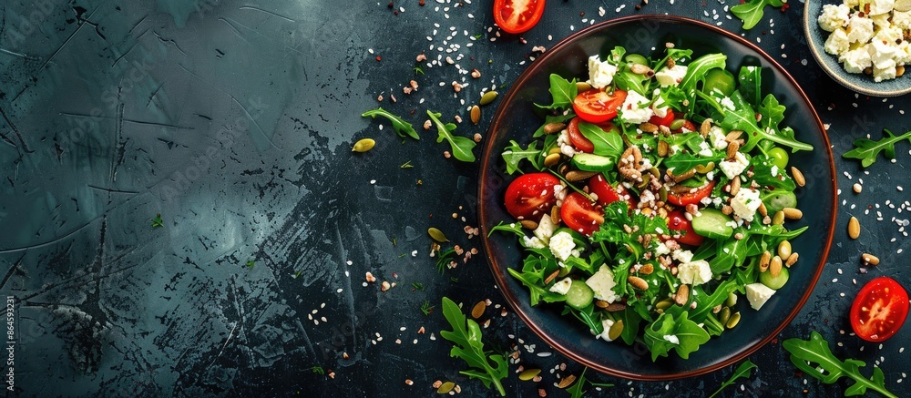 Top-down aerial photo of a tasty and nutritious mixed green salad featuring various veggies, seeds, and feta on a dark concrete surface with copy space image. Top-down aerial photo of a tasty and nutritious mixed green salad featuring various veggies, seeds, and feta on a dark concrete surface with copy space image.