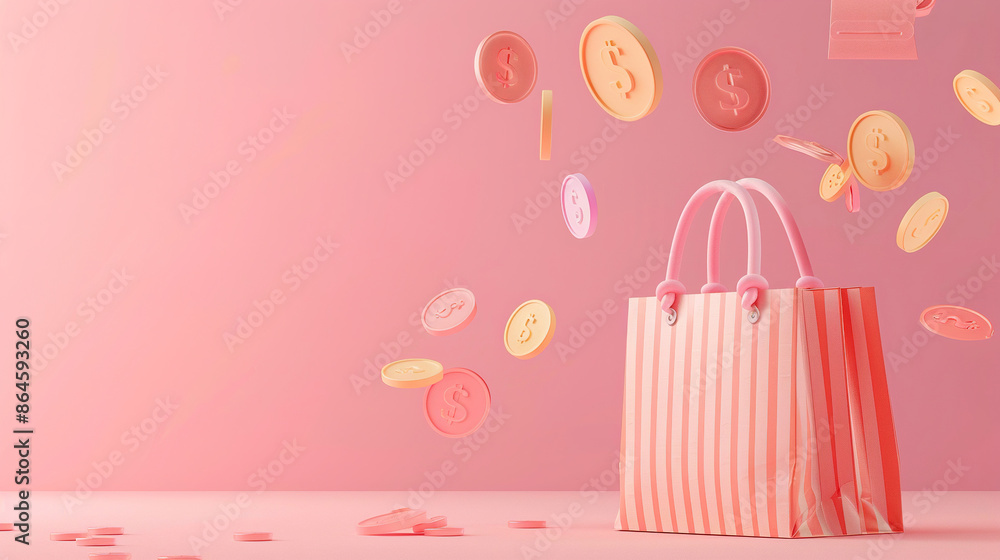 Pink background with a shopping bag and coin. Modern background e-commerce presentation Pink background with a shopping bag and coin. Modern background e-commerce presentation