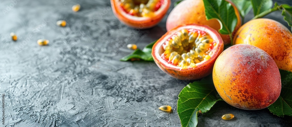 Fresh passion fruit with copy space image on a gray table. Fresh passion fruit with copy space image on a gray table.