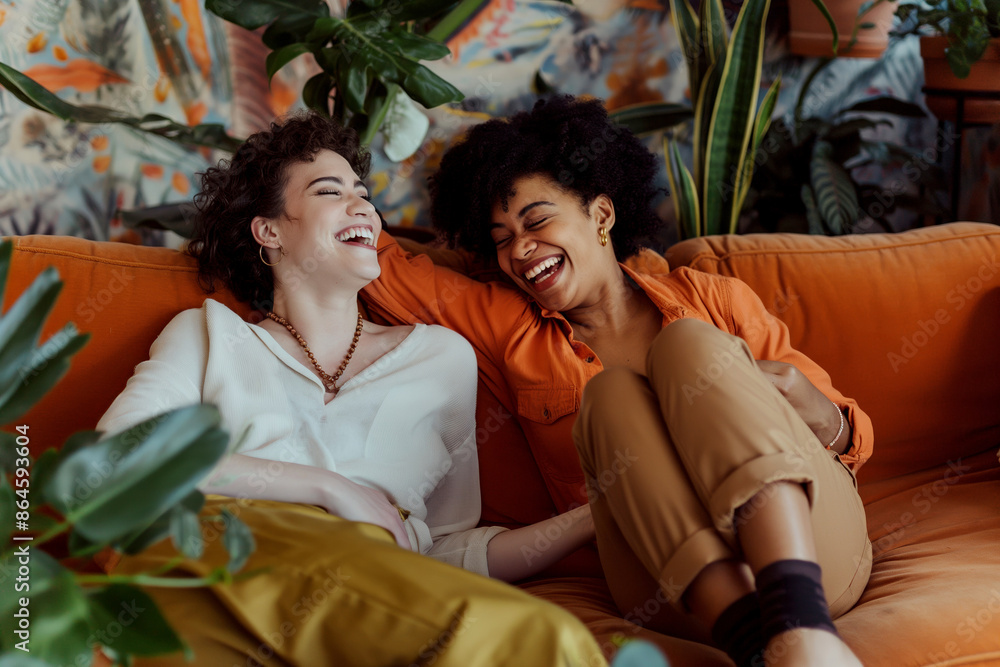 Fototapeta premium Joyful lesbian couple laughing on a vibrant couch. A perfect image for illustrating joy, love, and companionship in a cozy home setting. Ideal for lifestyle, relationship, and home decor themes