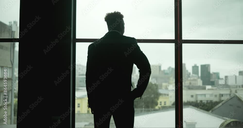 Vision, window and business with man, suit and serious with ideas, thinking and problem solving. Mindset, silhouette or corporate professional with buildings, industrial or contemplation for growth Vision, window and business with man, suit and serious with ideas, thinking and problem solving. Mindset, silhouette or corporate professional with buildings, industrial or contemplation for growth