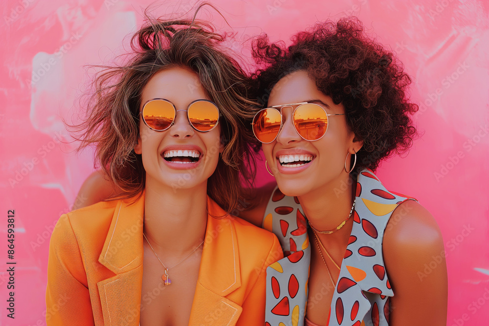 Fototapeta premium Joyful lesbian couple in vibrant attire. A lively depiction of friendship and celebration. Ideal for marketing, lifestyle, and inclusivity themes.