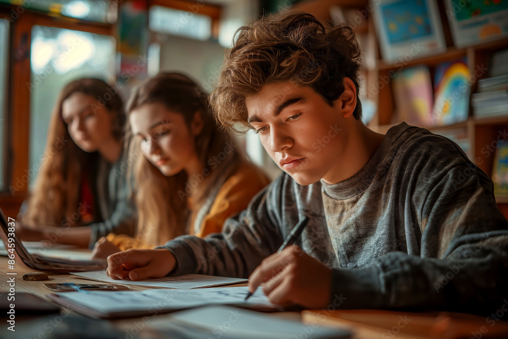 Focused student in a classroom. A young man intensely concentrat Focused student in a classroom. A young man intensely concentrat