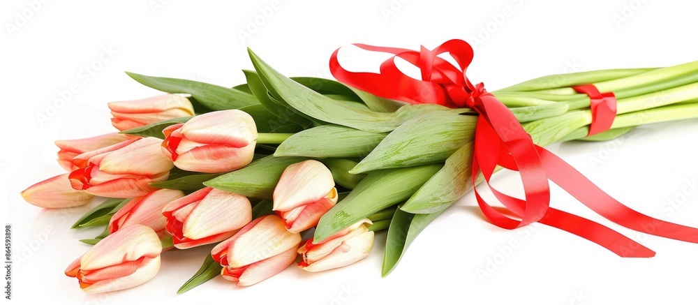 Obraz premium A bouquet of tulips with a red ribbon on a white background, offering a clear copy space image.