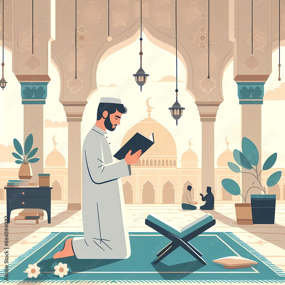 Muslim Man Reading Quran in Mosque Illustration Muslim Man Reading Quran in Mosque Illustration