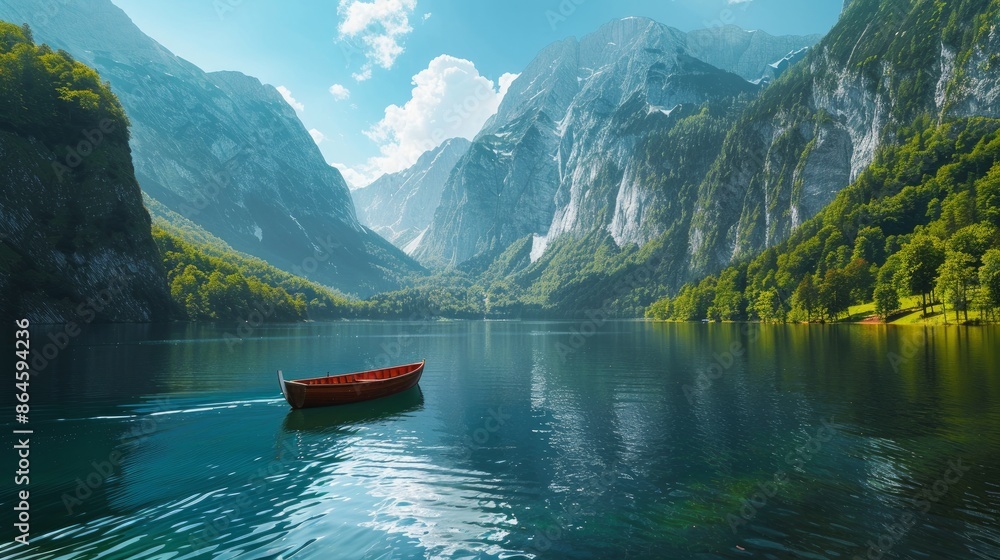 A small boat drifts on a tranquil lake nestled amidst towering mountains in a national park during a warm summer day A small boat drifts on a tranquil lake nestled amidst towering mountains in a national park during a warm summer day